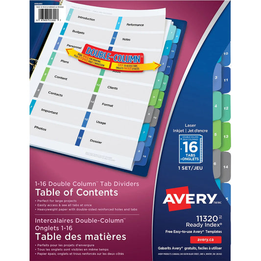 Avery Ready Index Double Column Customizable Table of Contents Dividers, Multi-Coloured, Numbered (1-16), 16 Tabs/ST, 1 Set/PK