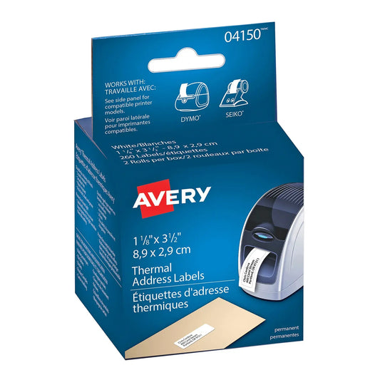 Avery 4150 Thermal Address Labels, White, 1 1/8" x 3 1/2", 130 Labels/Roll, 2 Rolls/BX