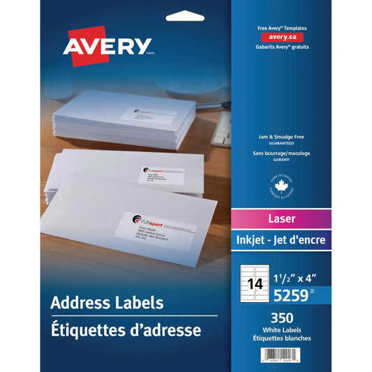 Avery 5259 Address Labels, White, 1-1/2'' x 4'', Sheet of 14 Labels, Box of 25 Sheets