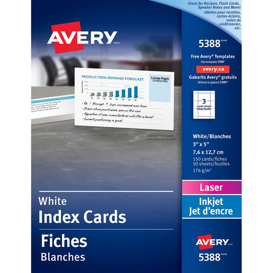 Avery Index Cards, White, 3" x 5", 3 Cards/Sheet, 50 Sheets/BX