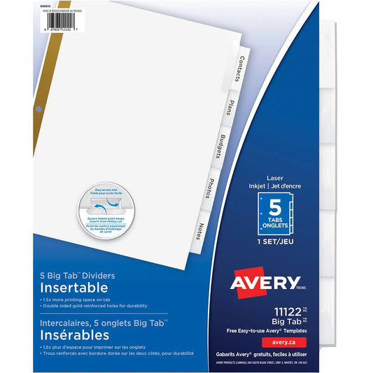 Avery Big Tab Insertable Dividers, White, 8 1/2" x 11", 5-Tabs/ST, 1-Set/PK