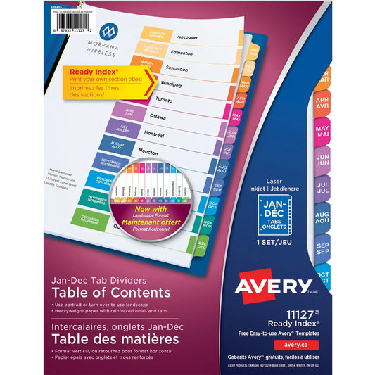 Avery Ready Index Customizable Table of Contents Dividers, White with Multi-Coloured Tabs, Monthly (Jan-Dec/Bilingual), Letter-Size, 12 Tabs/ST, 1 Set/PK