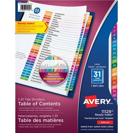 Avery Ready Index Customizable Table of Contents Dividers, White with Multi-Coloured Tabs, Numbered (1-31), Letter-Size, 31 Tabs/ST, 1 Set/PK