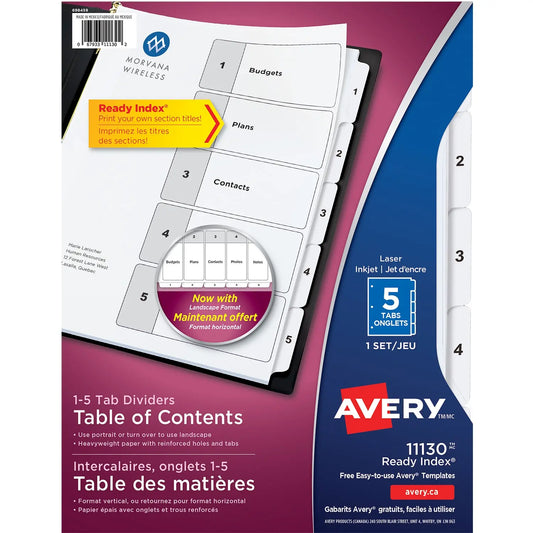 Avery Ready Index Customizable Table of Contents Dividers, Black and White, Numbered (1-5), Letter-Size, 5 Tabs/ST, 1 Set/PK