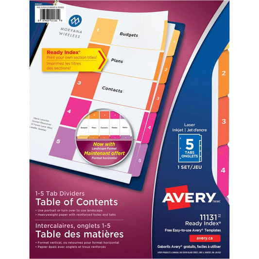 Avery Ready Index Customizable Table of Contents Dividers, Multi-Coloured, Numbered (1-5), Letter-Size, 5 Tabs/ST, 1 Set/PK