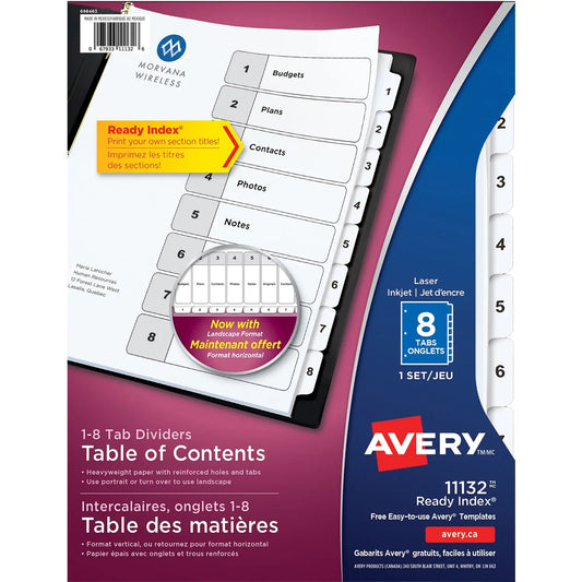 Avery Ready Index Customizable Table of Contents Dividers, Black and White, Numbered (1-8), Letter-Size, 8 Tabs/ST, 1 Set/PK