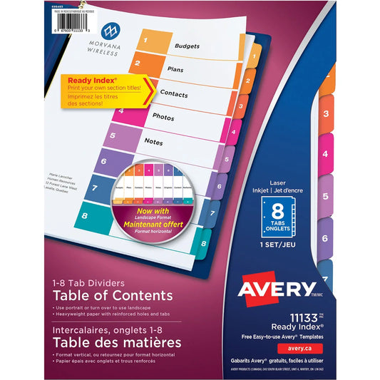 Avery Ready Index Customizable Table of Contents Dividers, Multi-Coloured, Numbered (1-8), Letter-Size, 8 Tabs/ST, 1 Set/PK