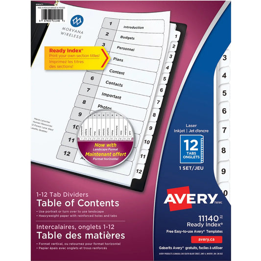 Avery Ready Index Customizable Table of Contents Dividers, Black and White, Numbered (1-12), Letter-Size, 12 Tabs/ST, 1 Set/PK