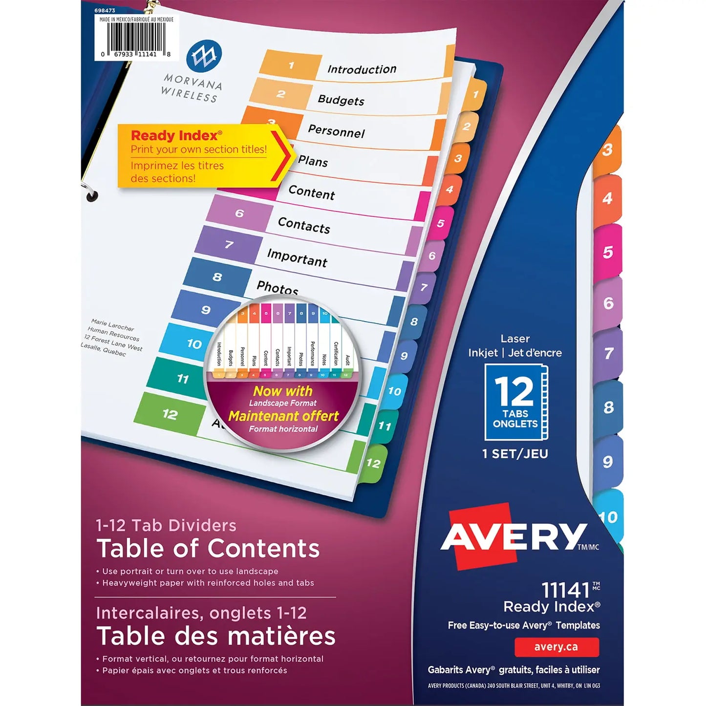 Avery Ready Index Customizable Table of Contents Dividers, Multi-Coloured, Numbered (1-12), Letter-Size, 12 Tabs/ST, 1 Set/PK