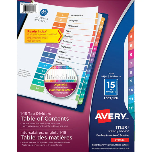 Avery Ready Index Customizable Table of Contents Dividers, Multi-Coloured, Numbered (1-15), Letter-Size, 15 Tabs/ST, 1 Set/PK