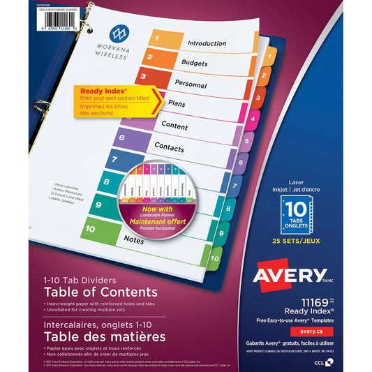 Avery Ready Index Customizable Table of Contents Dividers, Multi-Coloured, Numbered (1-10), Uncollated, Letter-Size, 10 Tabs/ST, 25 Sets/BX