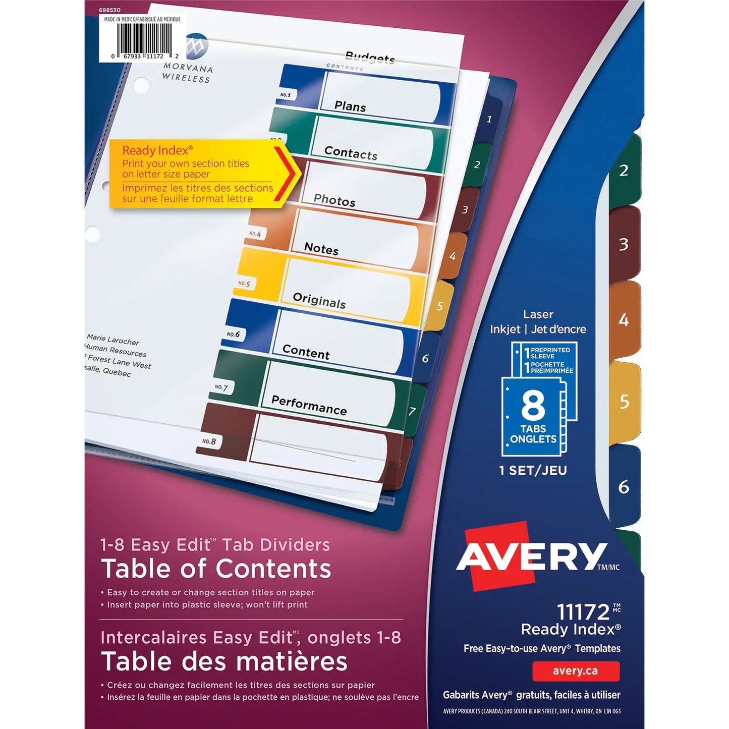 Avery 11172 Ready Index Easy Edit Table of Contents Dividers, Multi-Coloured Tabs, Numbered (1-8), Letter-Size, 8-Tabs/ST, 1-Set/PK