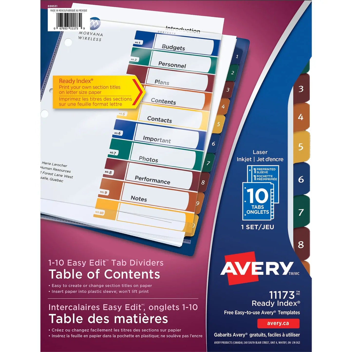 Avery 11173 Ready Index Easy Edit Table of Contents Dividers, Multi-Coloured Tabs, Numbered (1-10), Letter-Size, 10-Tabs/ST, 1-Set/PK