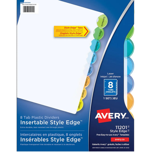 Avery Style Edge Plastic Insertable Dividers for Laser and Inkjet Printers - 8 Tabs - Multi-colour