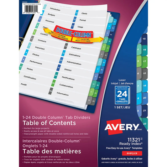 Avery Ready Index Double Column Customizable Table of Contents Dividers, Multi-Coloured, Numbered (1-24), 24 Tabs/ST, 1 Set/PK