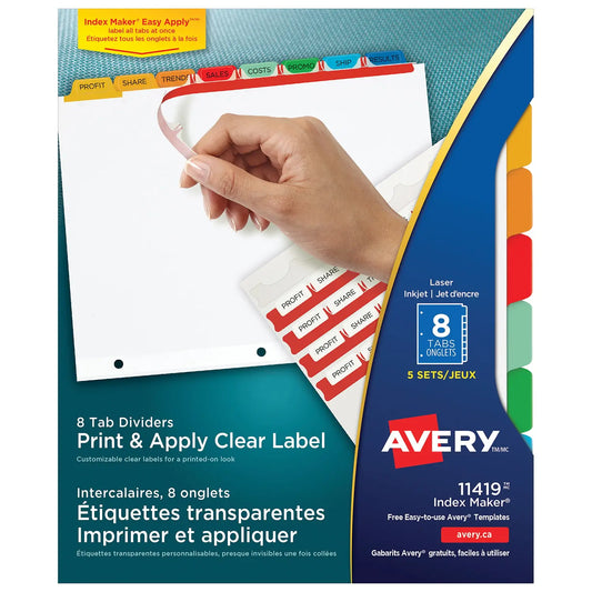 Avery Print & Apply Dividers With Easy Apply Labels, White With Multi-Coloured Tabs/Clear Labels, Letter-Size, 8-Tabs/ST, 5-Sets/PK