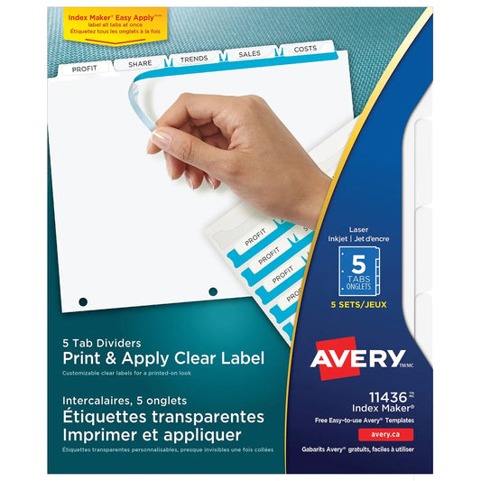 Avery Print & Apply Dividers with Easy Apply Labels, White Dividers/Tabs with Clear Labels, 8 1/2" x 11", 5-Tabs/ST, 5-Sets/PK