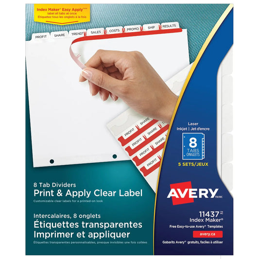 Avery Print & Apply Dividers with Easy Apply Labels, White Dividers/Tabs with Clear Labels, 8 1/2" x 11", 8-Tabs/ST, 5-Sets/PK