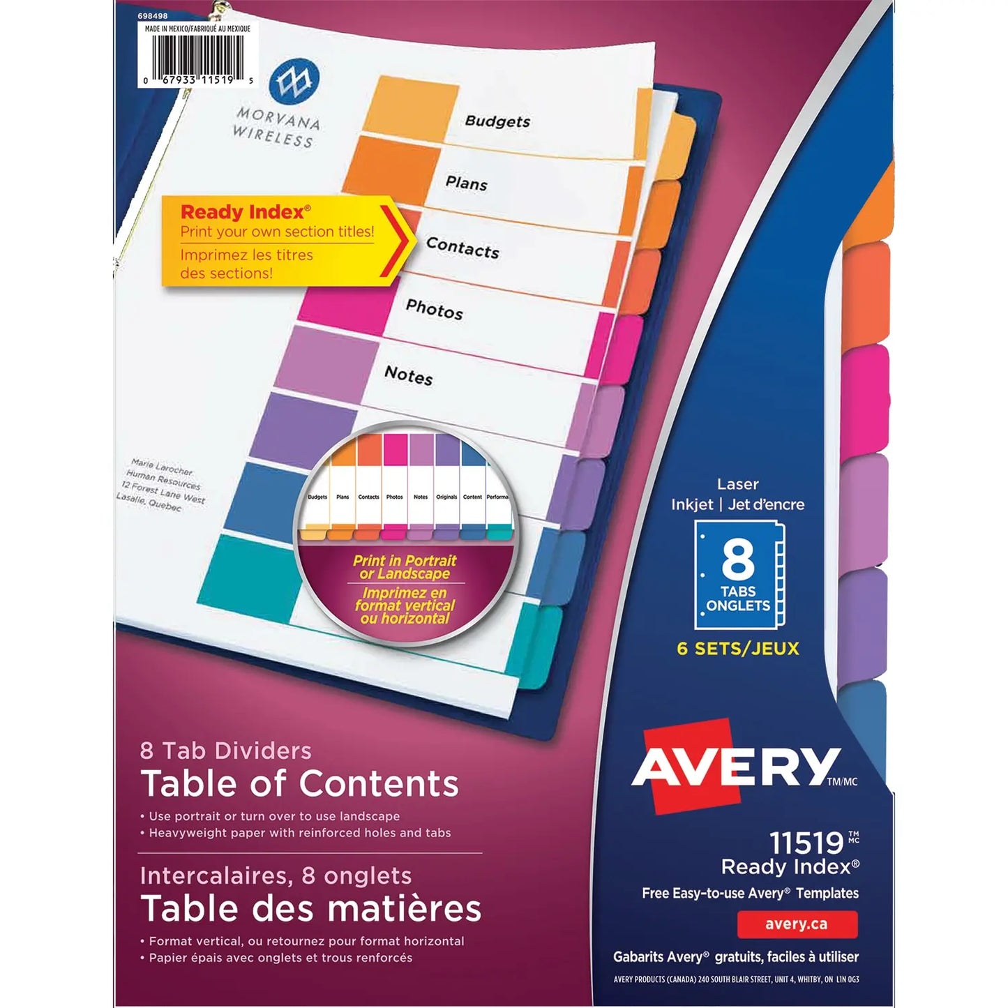 Avery 11519 Ready Index Durable Table of Contents Dividers with Plain Tabs, White with Multi-Coloured Tabs, Letter-Size, 8-Tabs/ST, 6-Sets/PK