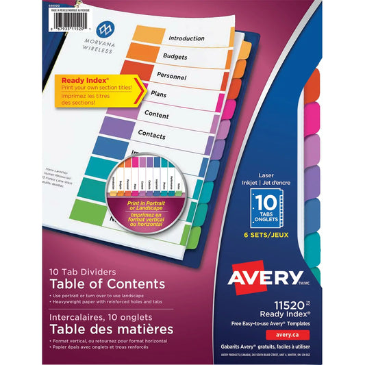 Avery 11520 Ready Index Durable Table of Contents Dividers with Plain Tabs, White with Multi-Coloured Tabs, Letter-Size, 10-Tabs/ST, 6-Sets/PK