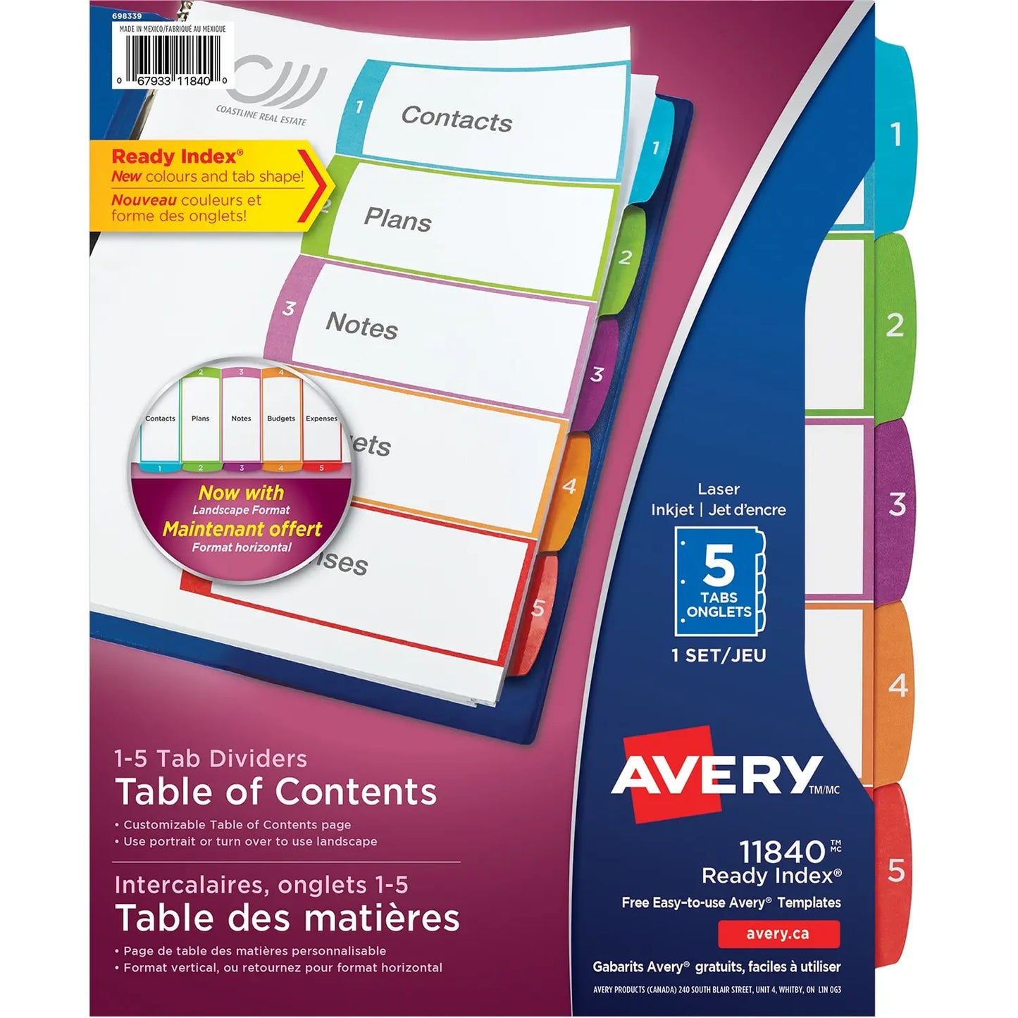 Avery Ready Index Customizable Table of Contents Dividers, White with Multi-Coloured Tabs, Numbered (1-5), Letter-Size, 5-Tabs/ST, 1-Set/PK