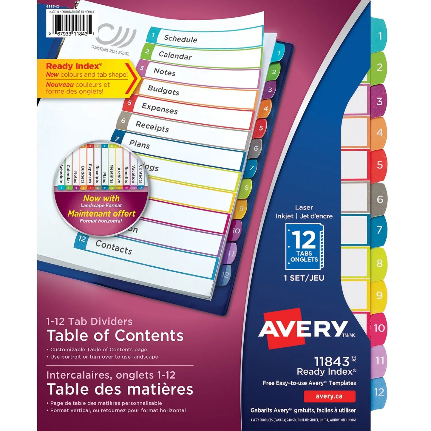 Avery Ready Index Customizable Table of Contents Dividers, White with Multi-Coloured Tabs, Numbered (1-12), Letter-Size, 12-Tabs/ST, 1-Set/PK