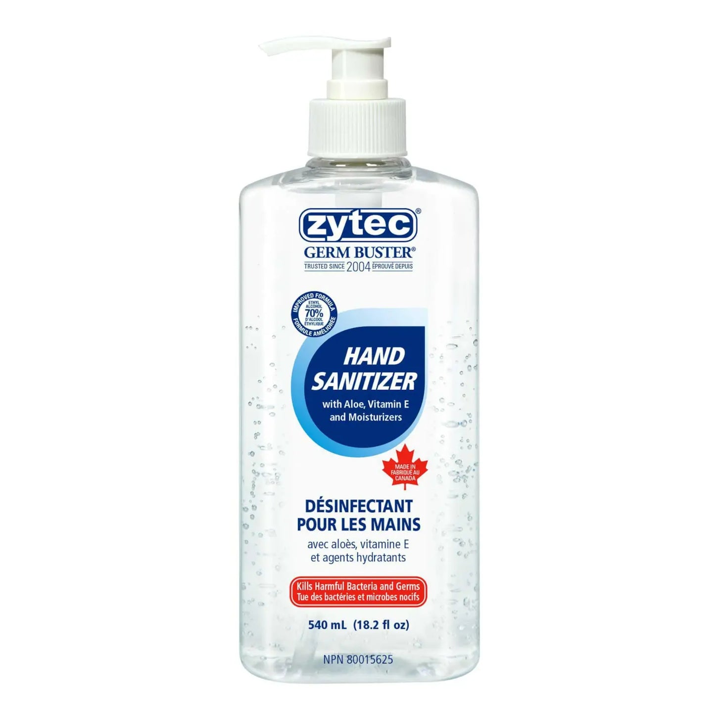 Zytec Germ Buster Gel Hand Sanitizer with Aloe, Vitamin E and Moisturizers, 70% Alcohol, Pump Bottle, 540 mL