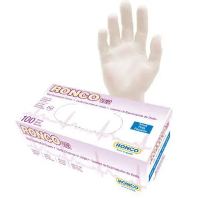 RONCO VE2 Disposable Vinyl Examination Gloves, Small, 4 Mil, Clear, Box of 100