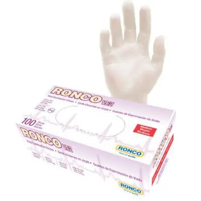 RONCO VE2 Disposable Vinyl Examination Gloves, Medium, 4 Mil, Clear, Box of 100