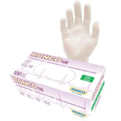 RONCO VE2 Disposable Vinyl Examination Gloves, Large, 4 Mil, Clear, Box of 100