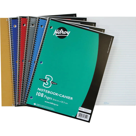 Hilroy Executive Coil 3-Subject Notebook, Assorted Colours (No Colour Choice On Delivered Orders), 10 1/2" x 8", 108 pages