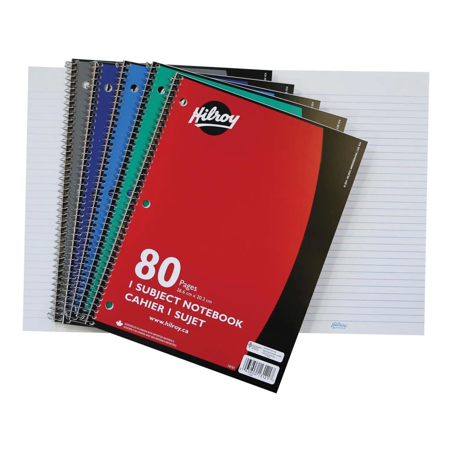 Hilroy 1-Subject Coil Notebook, 3-Hole with Margin, Assorted Colours, 10-1/2" x 8", 80 Pages, Pack of 1