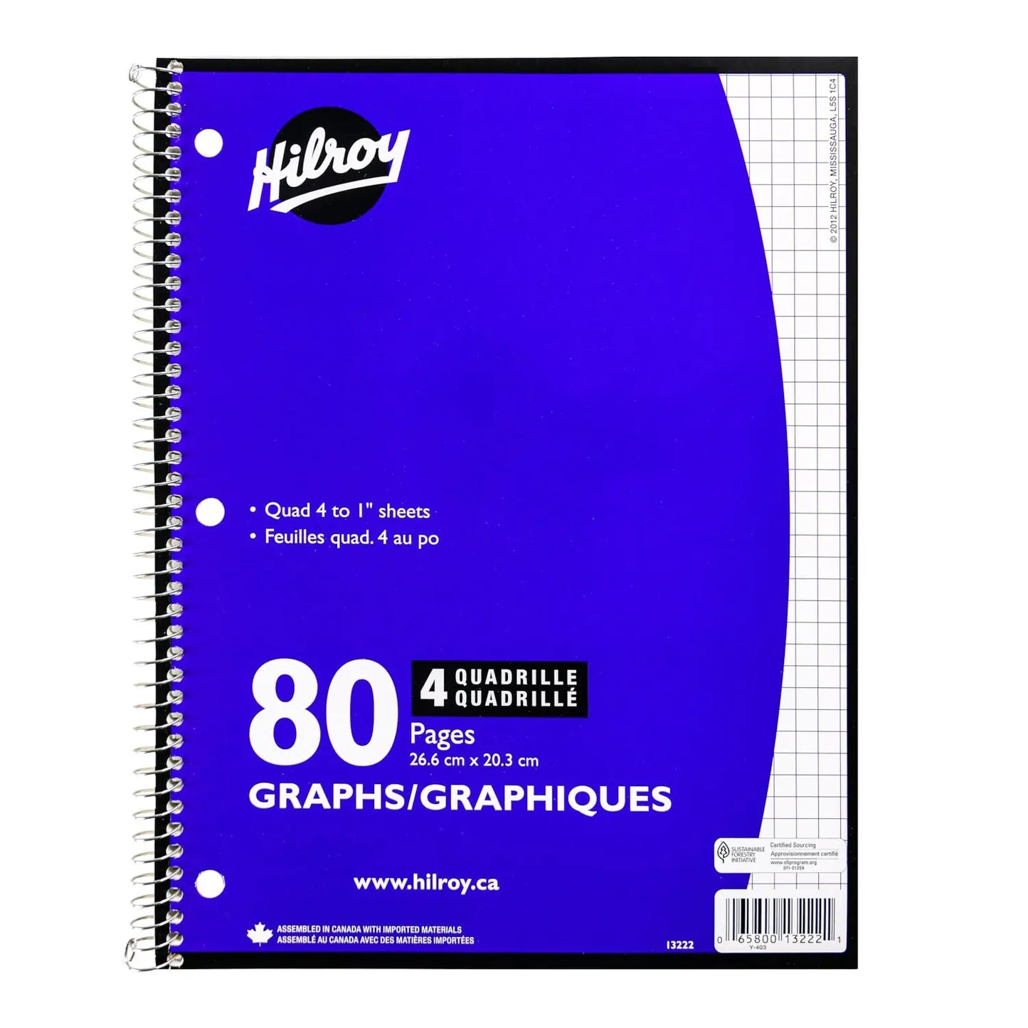 Hilroy 1-Subject Quad Notebook, 8" x 10-1/2", 80 pages