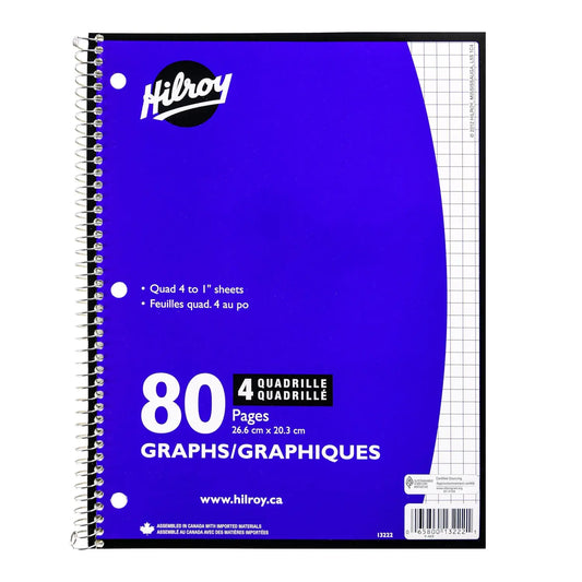 Hilroy 1-Subject Quad Notebook, 8" x 10-1/2", 80 pages