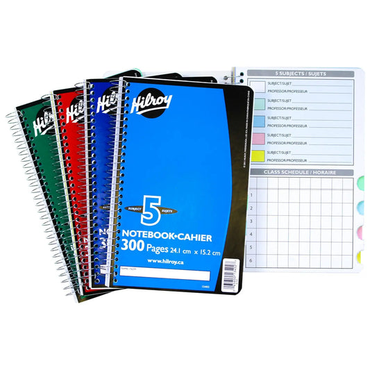 Hilroy Executive Coil 5-Subject Notebook with Tabs, 9.5" x 6", Assorted Colours (300 Pages)