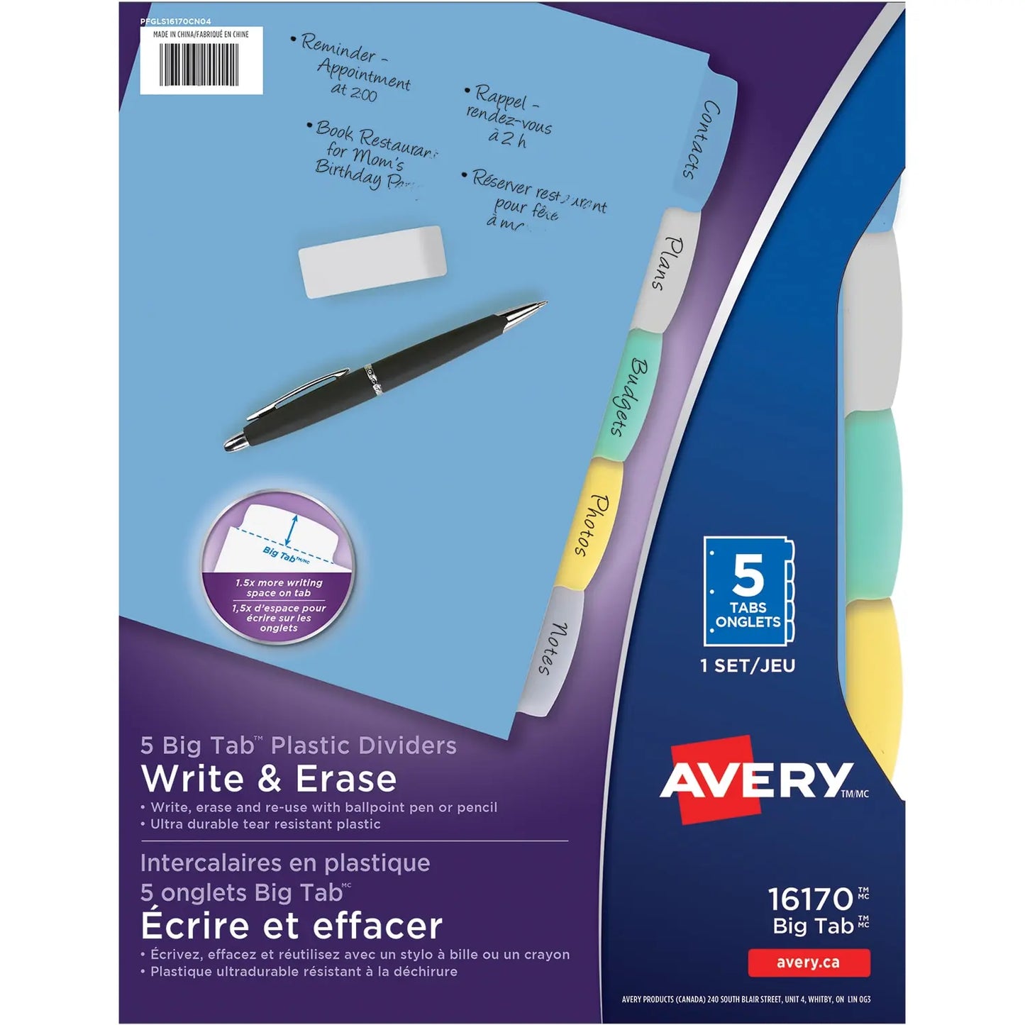 Avery Big Tab Write & Erase Plastic Dividers, Multi-Coloured, Letter-Size, 5-Tabs/ST, 1-Set/PK