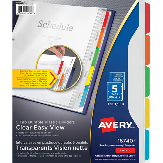 Avery Clear Easy View Durable Plastic Dividers, Clear with Multi-Coloured Tabs, Letter-Size, 5 Tabs/ST, 1 Set/PK