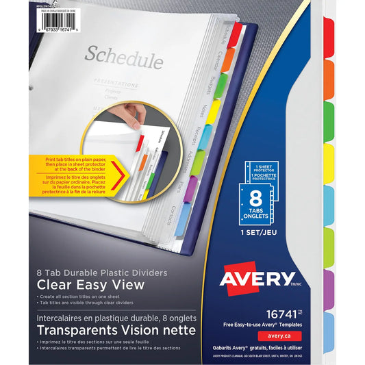 Avery Clear Easy View Durable Plastic Dividers, Clear with Multi-Coloured Tabs, Letter-Size, 8 Tabs/ST, 1 Set/PK