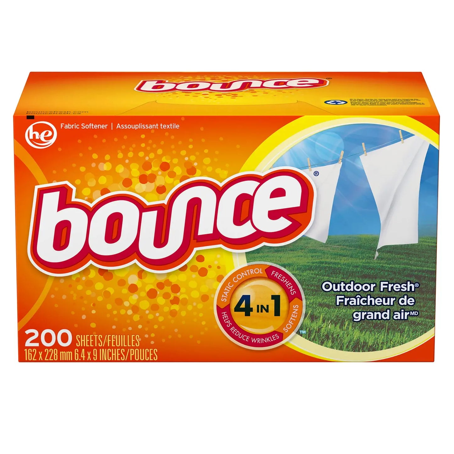 Bounce 4-in-1 Fabric Softener Dryer Sheets, Outdoor Fresh Scent, 200 Sheets/BX