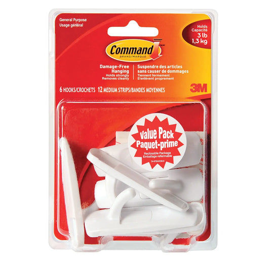 Command Adhesive Utility Hooks, Medium, 3 lb Capacity, 6 hooks/12 strips