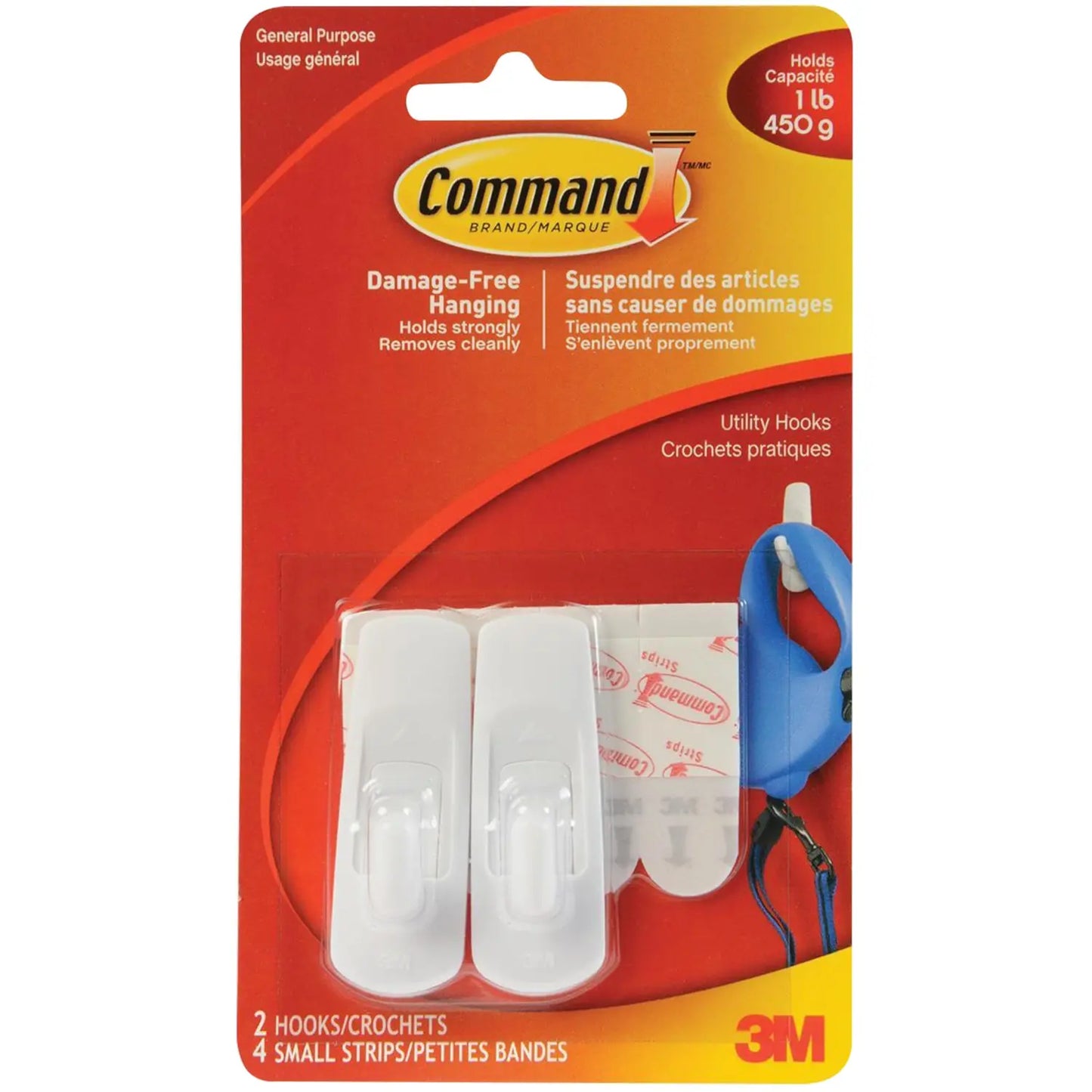 Command Adhesive Utility Hooks, Small, 1 lb Capacity, 2 hooks/2 strips