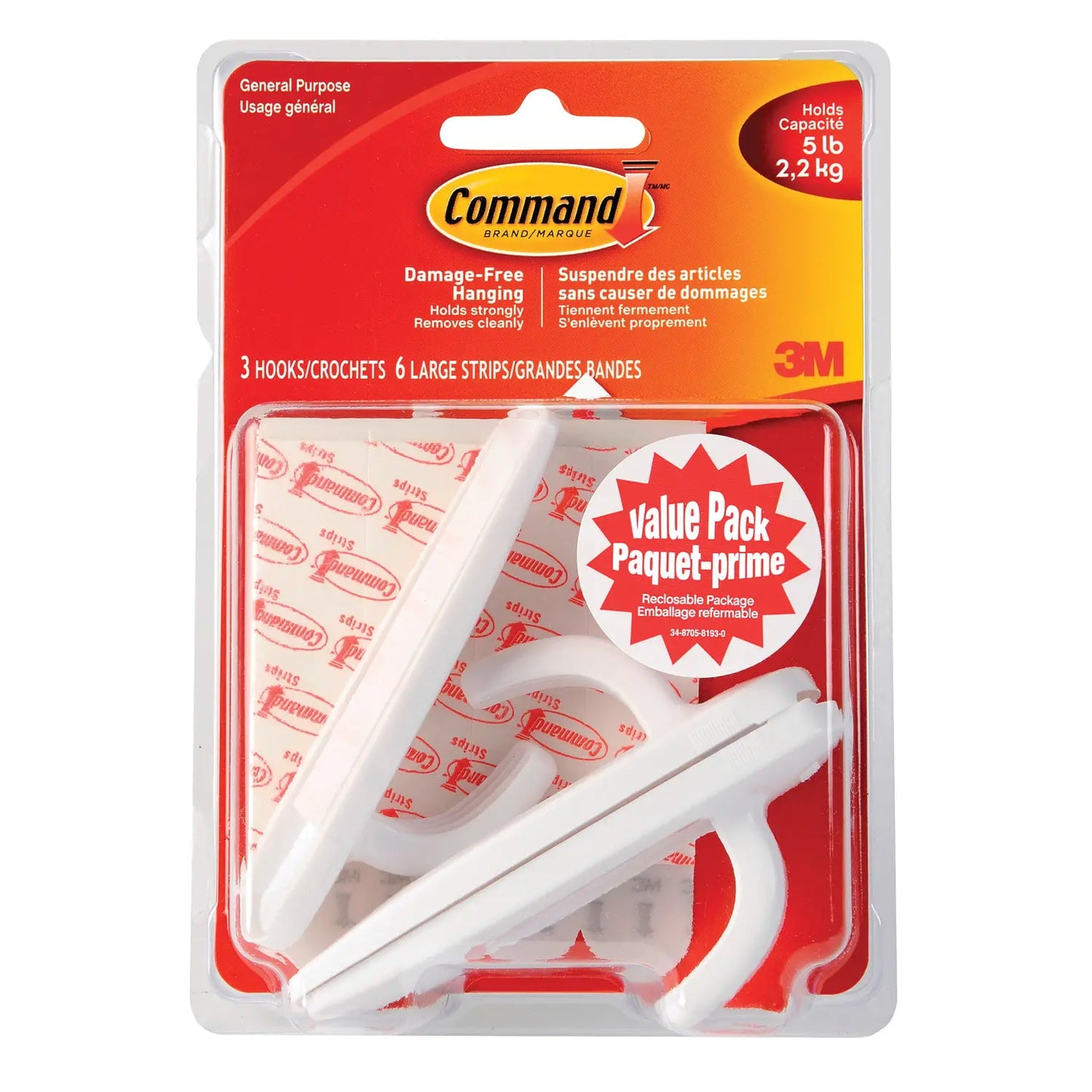 Command Adhesive Utility Hooks, Large, 5 lb Capacity, 3 hooks/6 strips