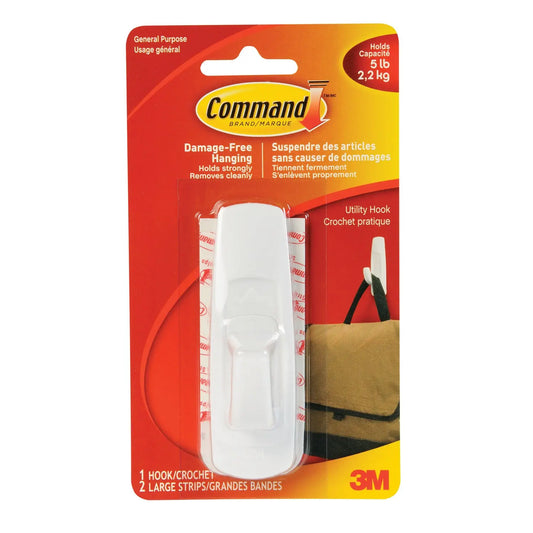 Command Adhesive Utility Hooks, Large, 5 lb Capacity, 1 hook/2 strips