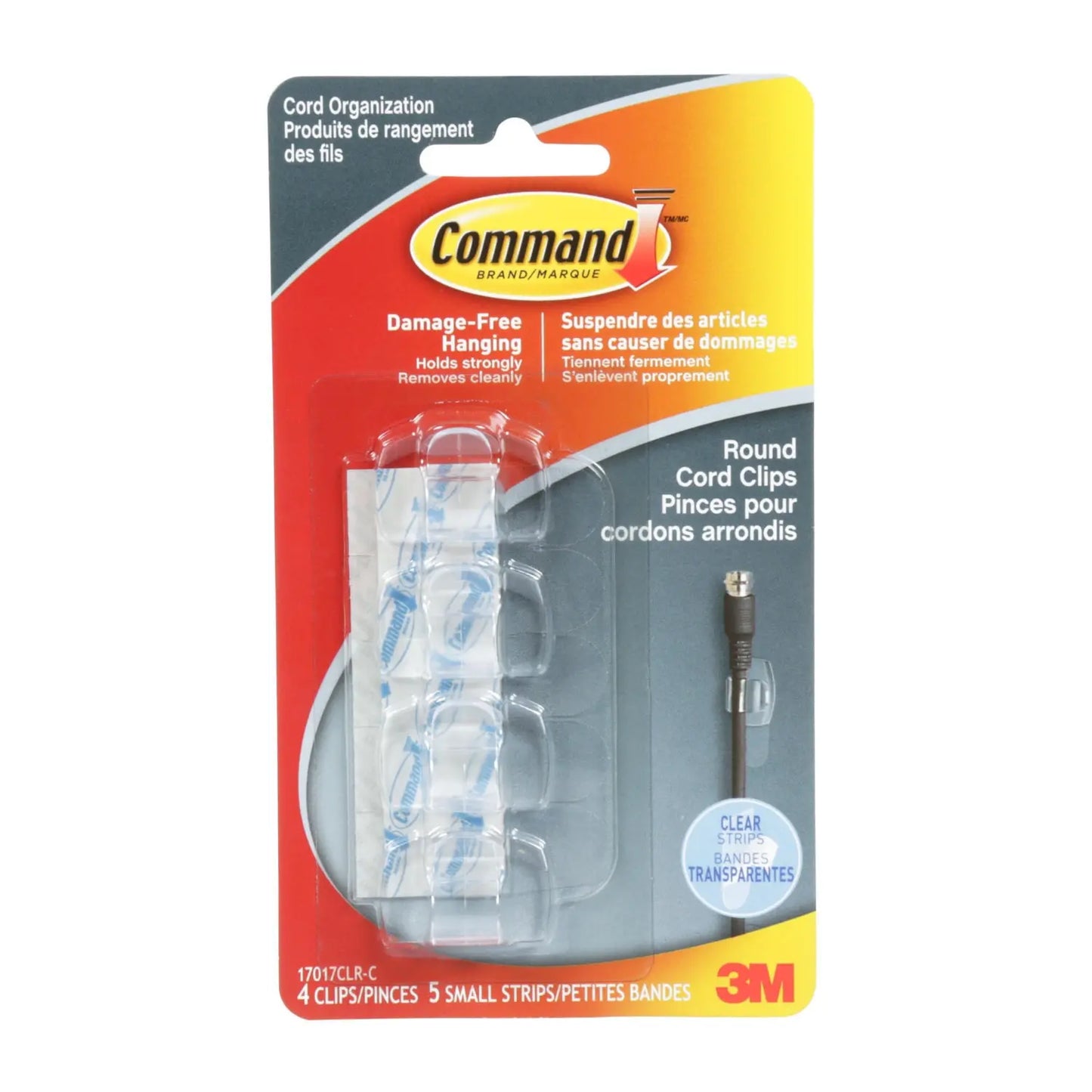 Command Cord Clips, Small, Clear, Pack of 4 Clips and 5 Strips