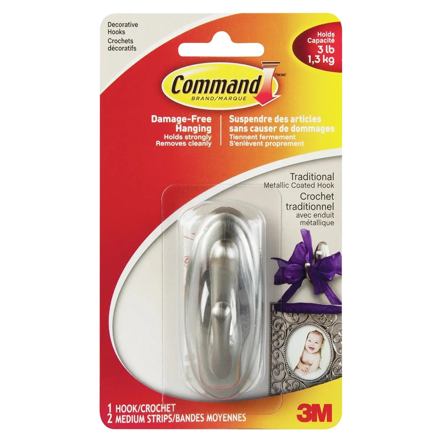 Command Traditional Metallic-Coated Hook, Silver, 3 lb Capacity