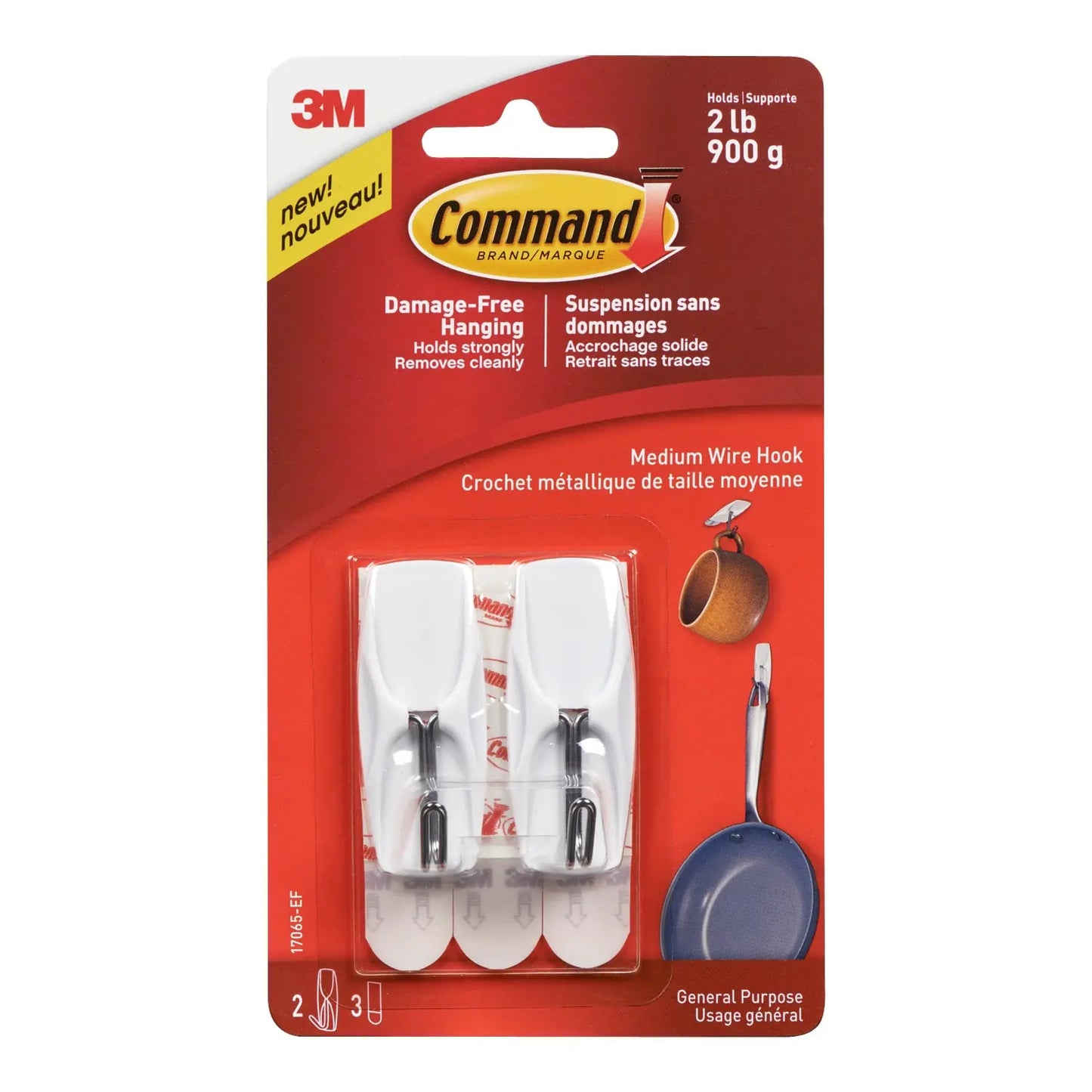 Command Wire Toggle Hooks, White, Medium, 2 lb Capacity, 2 Hooks/3 Strips