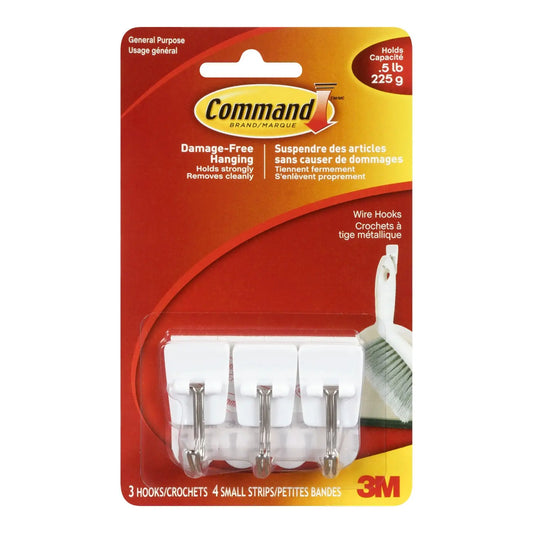 Command Wire Toggle Hooks, White, Small, 1/2 lb Capacity, 3 Hooks/4 Strips