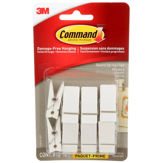 Command Indoor Spring Clips, Small Size, White Quartz, 7 1/2 lb Capacity, 8 Clips/12 Strips