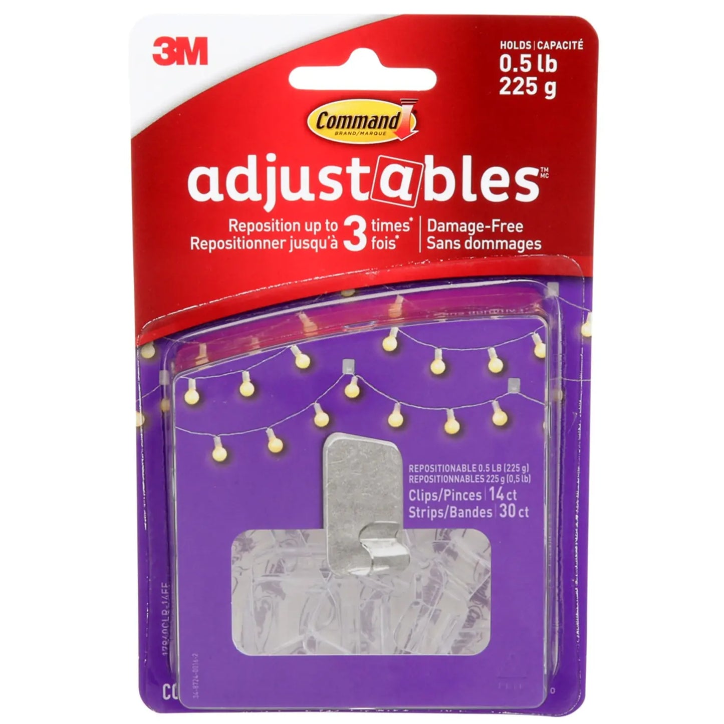 Command Adjustables Repositionable Clips, Clear, 1/2 lb Capacity, 14 Clips/30 Strips