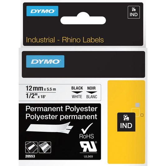 Dymo Rhino Permanent Poly Industrial Label Tape, White/Black Type, 1/2" x 18' (18483)